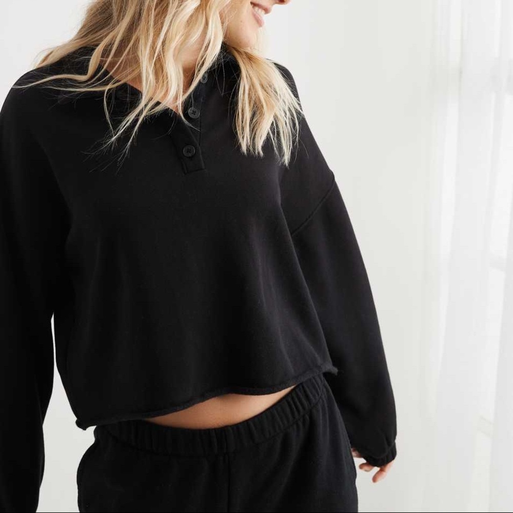Aerie Black Cropped Polo Sweatshirt